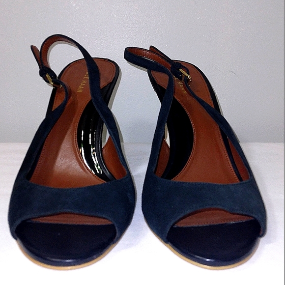 NWT COLE HAAN 'Maya' Suede Peeptoe Slingback Stilettos in Midnight Blue Size 9B - Picture 4 of 11